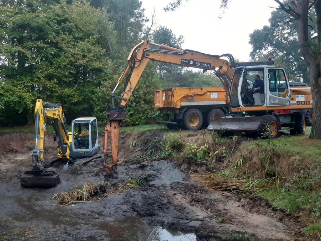 Bagger beim Ausheben eines Teichs